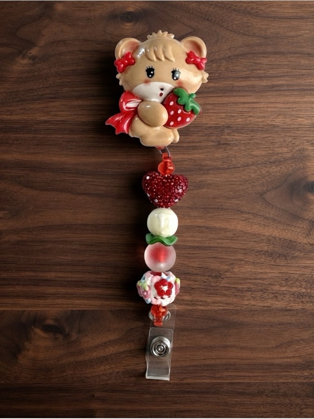 Strawberry Bear ID Badge Reel - Mikko Latte Bear
